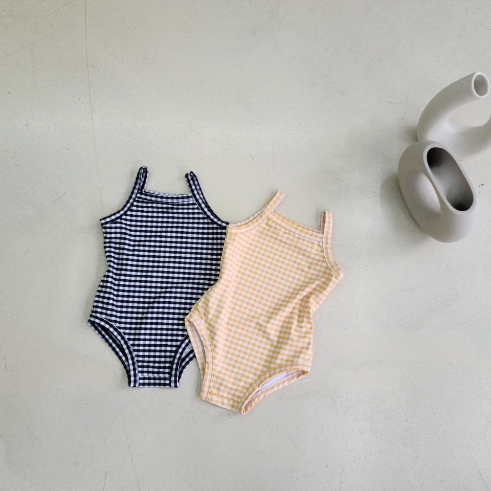 Girls two-piece plaid and floral swimwear set with matching sun hat for babies and toddlers — view 3