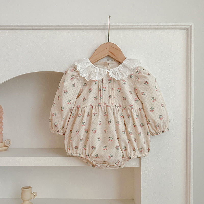 Floral baby doll collar dress set in pink and beige cotton blend for toddler — view 3