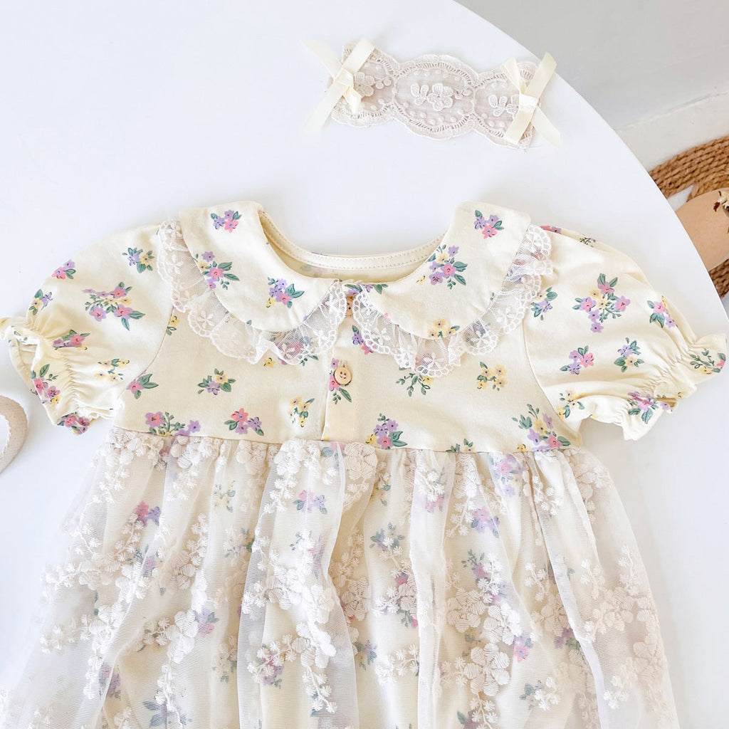 Baby girl floral bodysuit dress in apricot with delicate lace patchwork and vintage doll-neck collar — view 4