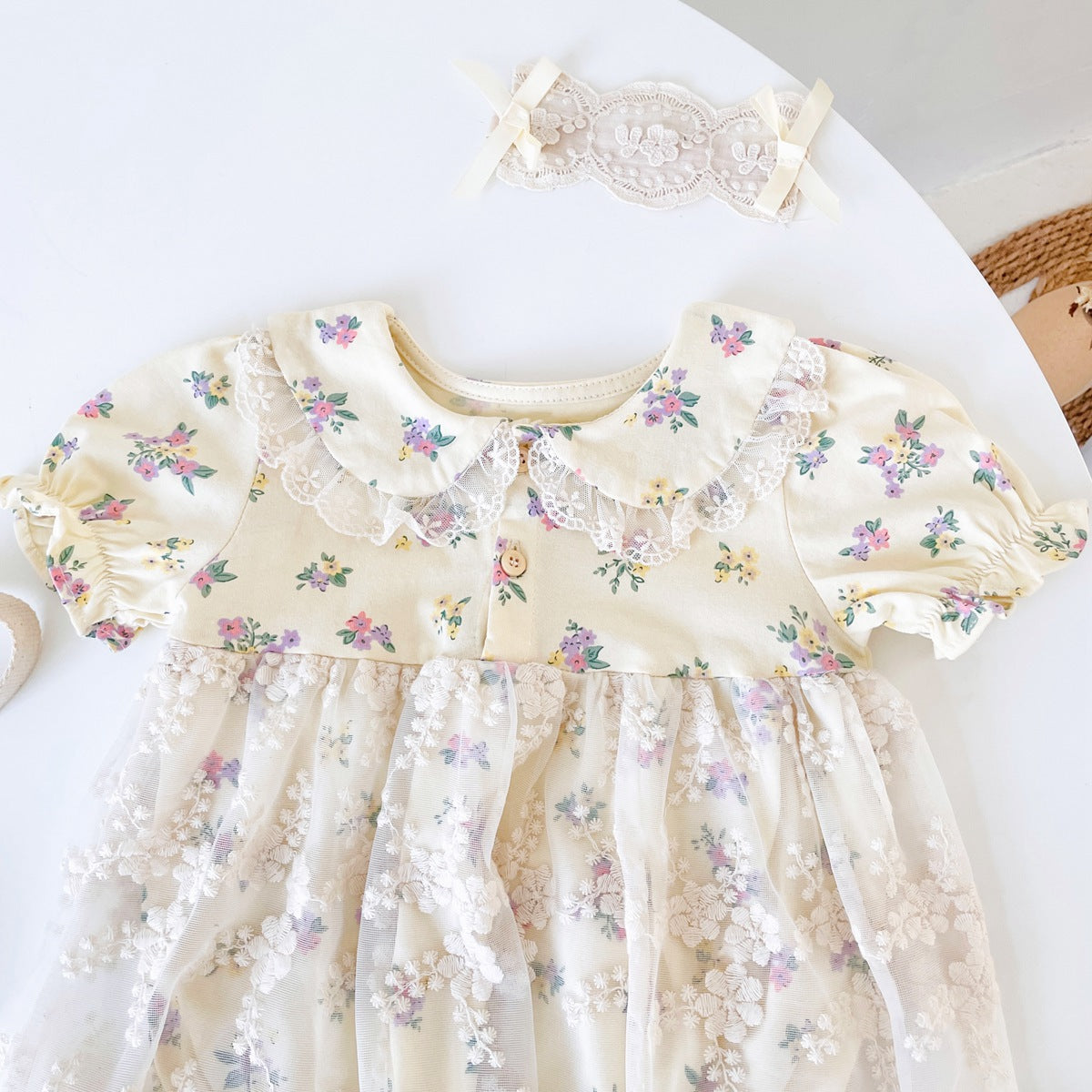 Baby girl floral bodysuit dress in apricot with delicate lace patchwork and vintage doll-neck collar — view 4