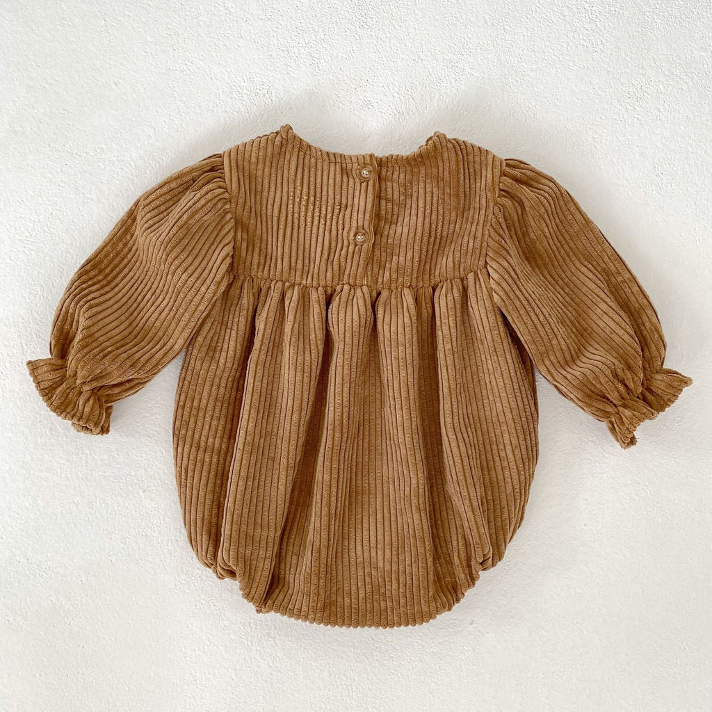 Embroidered baby dress set in brown featuring long sleeves and delicate floral patterns for girls. — view 4