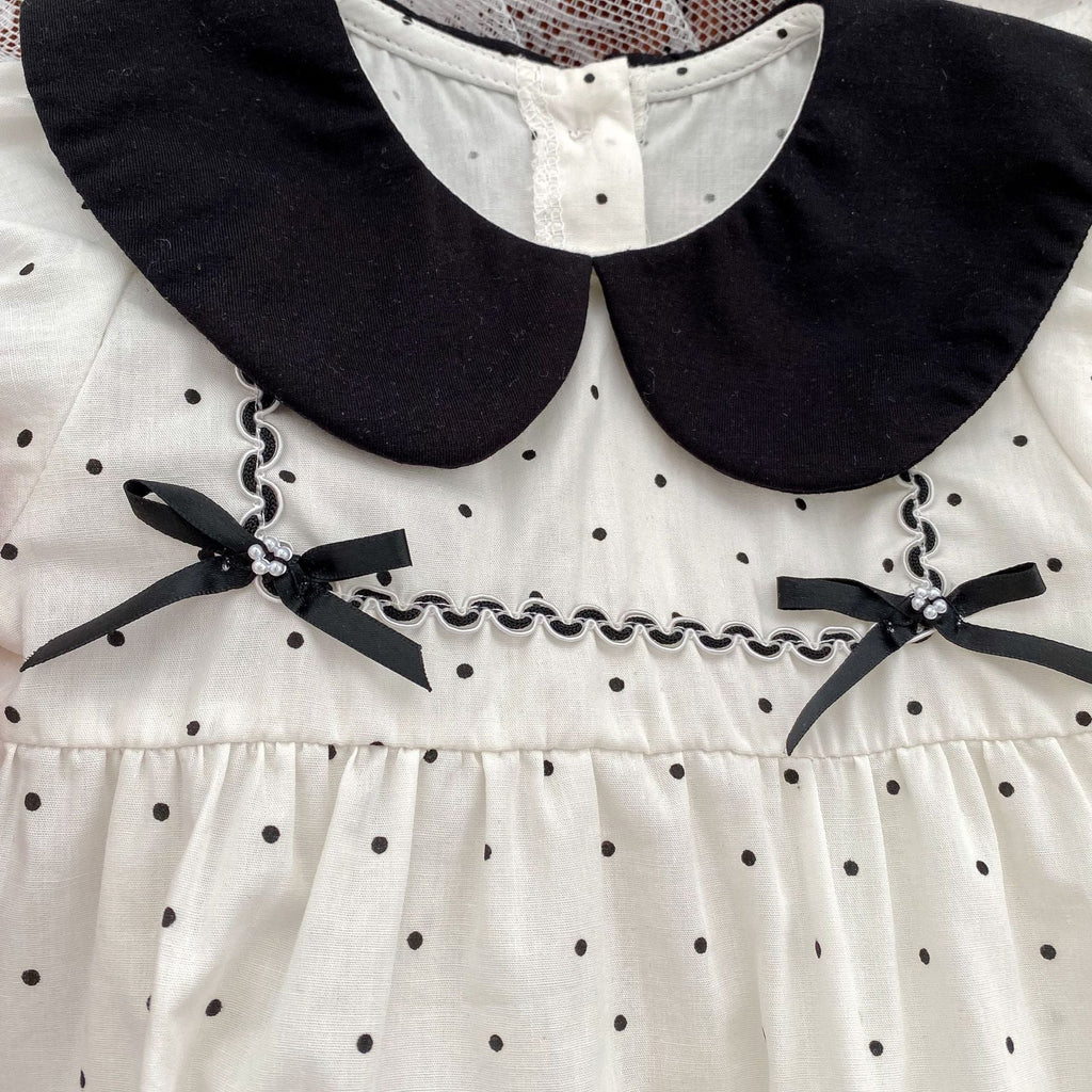 Baby girl polka dot bodysuit in soft white summer cotton with a stylish doll neck — view 4