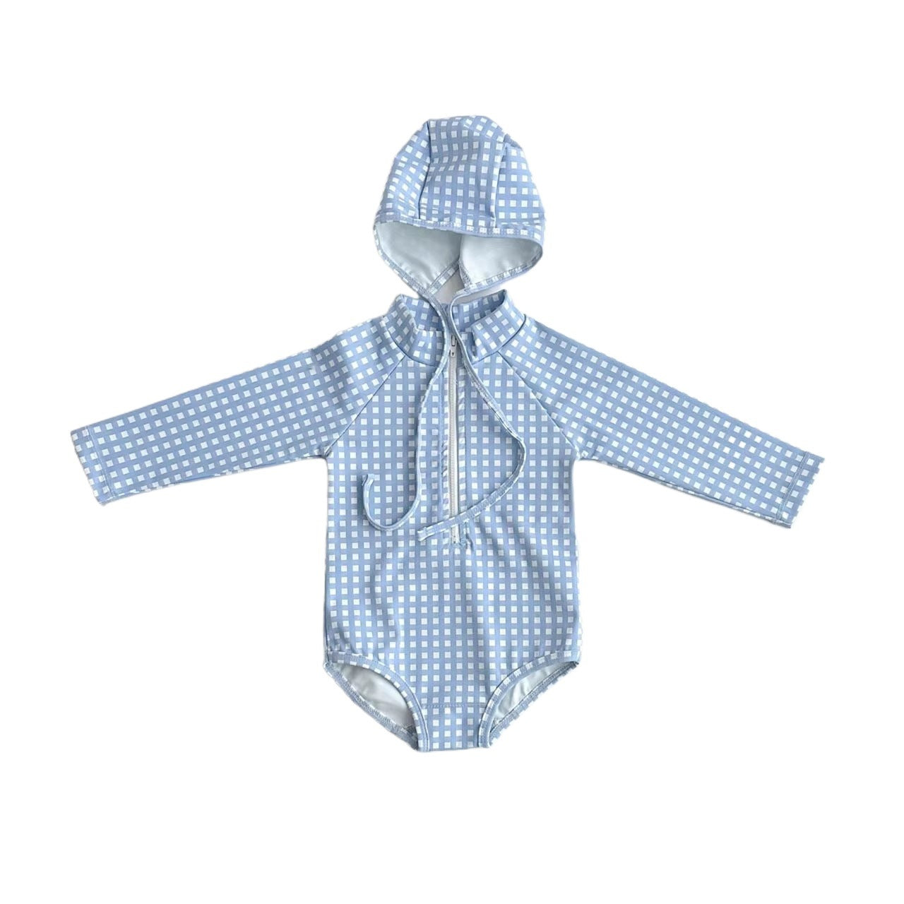 Kids long-sleeve rash guard swimsuit and matching swim cap in blue plaid and polka dots — view 3