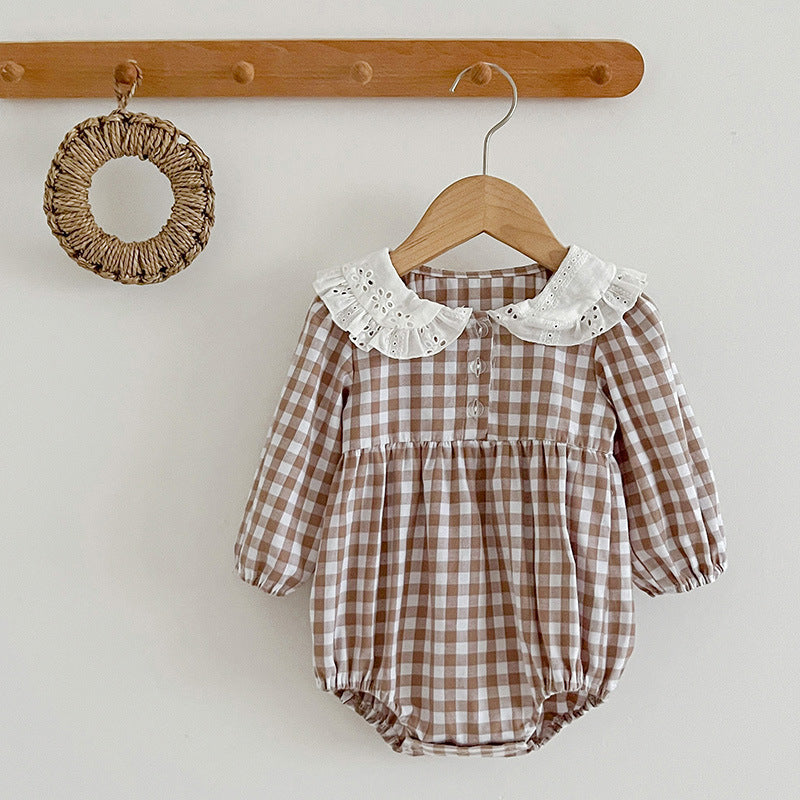 Plaid doll neck baby bodysuit in brown and white cotton with cozy long sleeves. — view 4