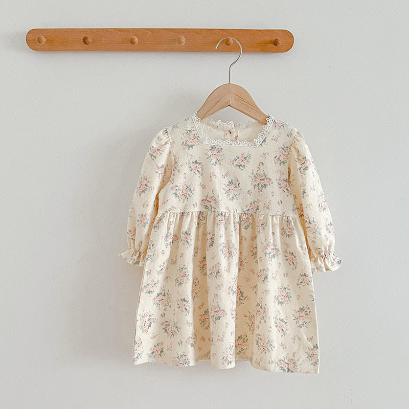 Square neck princess baby dress in white cotton with elegant embroidered floral details — view 5