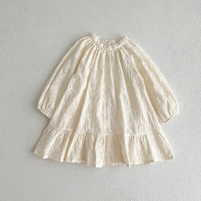 Floral baby girl bodysuit dress in neutral tones with round neckline and snap button bottom closure — view 5