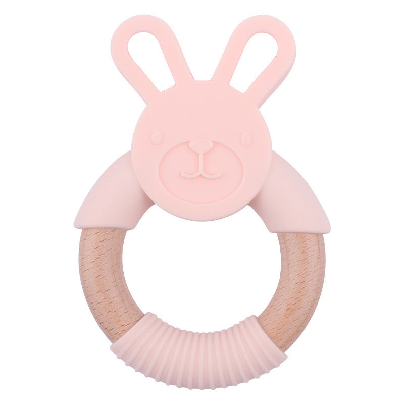 Wooden rabbit teething rattle with food-grade silicone beads in various colors for baby gum relief — view 5