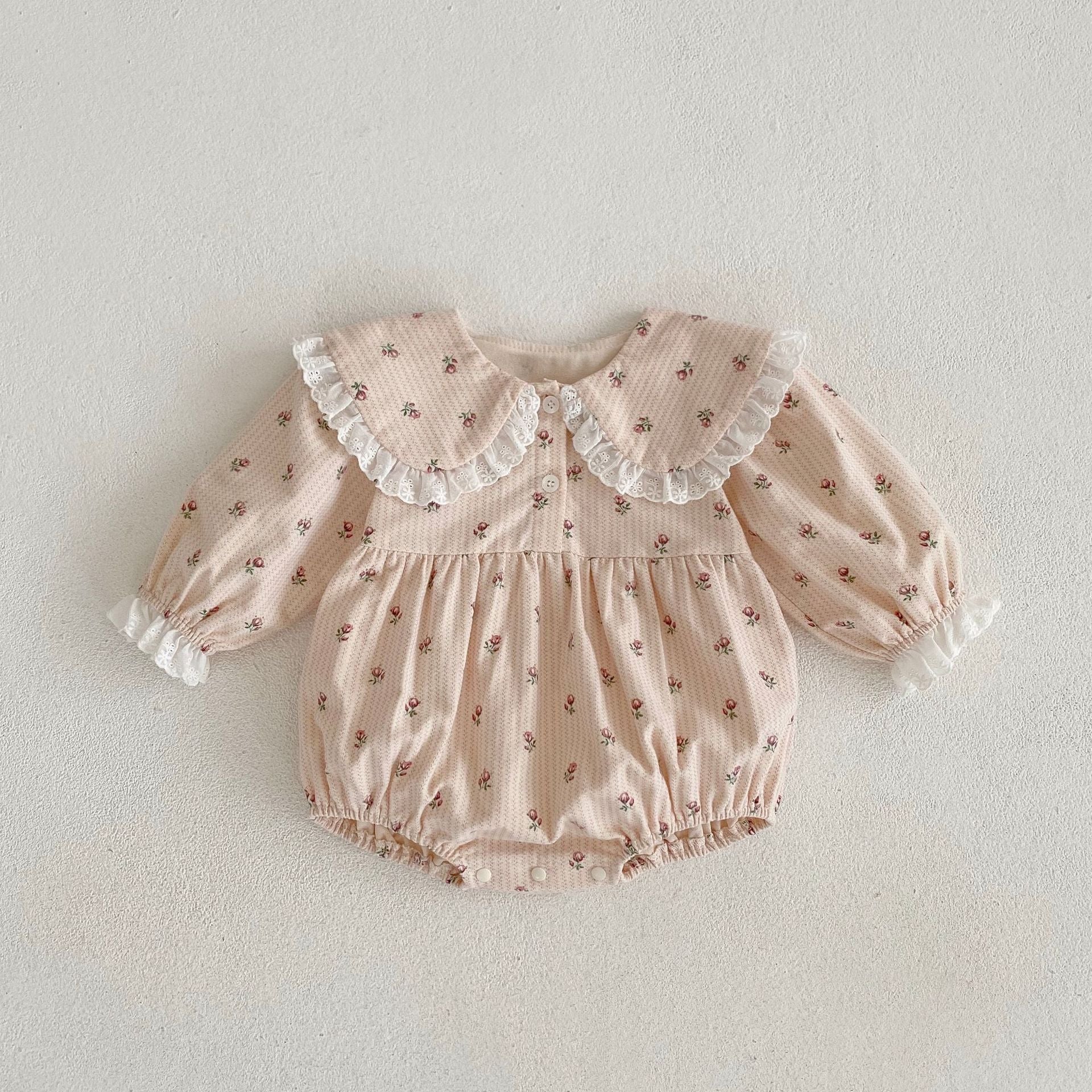 Baby girl ditsy floral bodysuit in pink cotton with doll collar and triangle bottom design — view 5