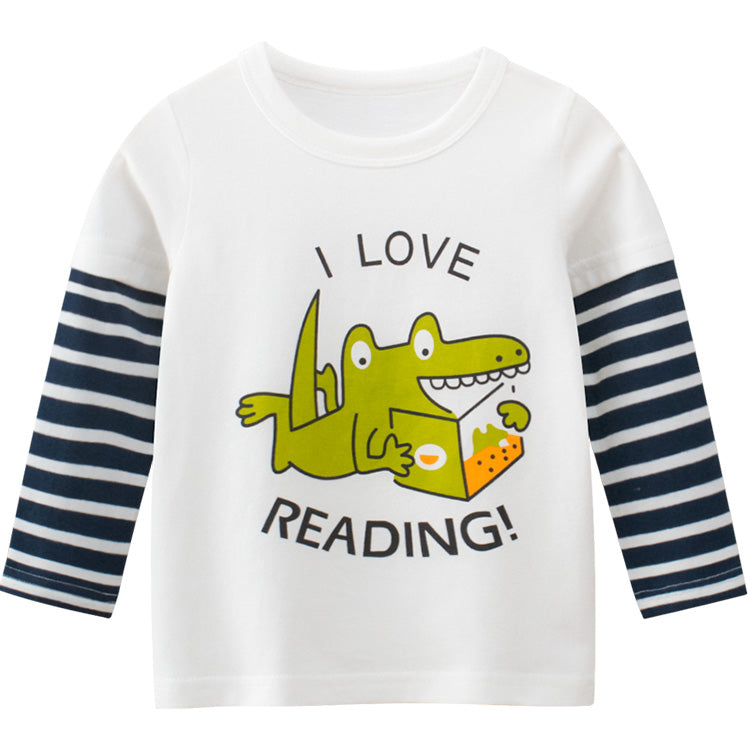 White long-sleeve boys shirt with I Love Reading text and colorful animal print details — view 5