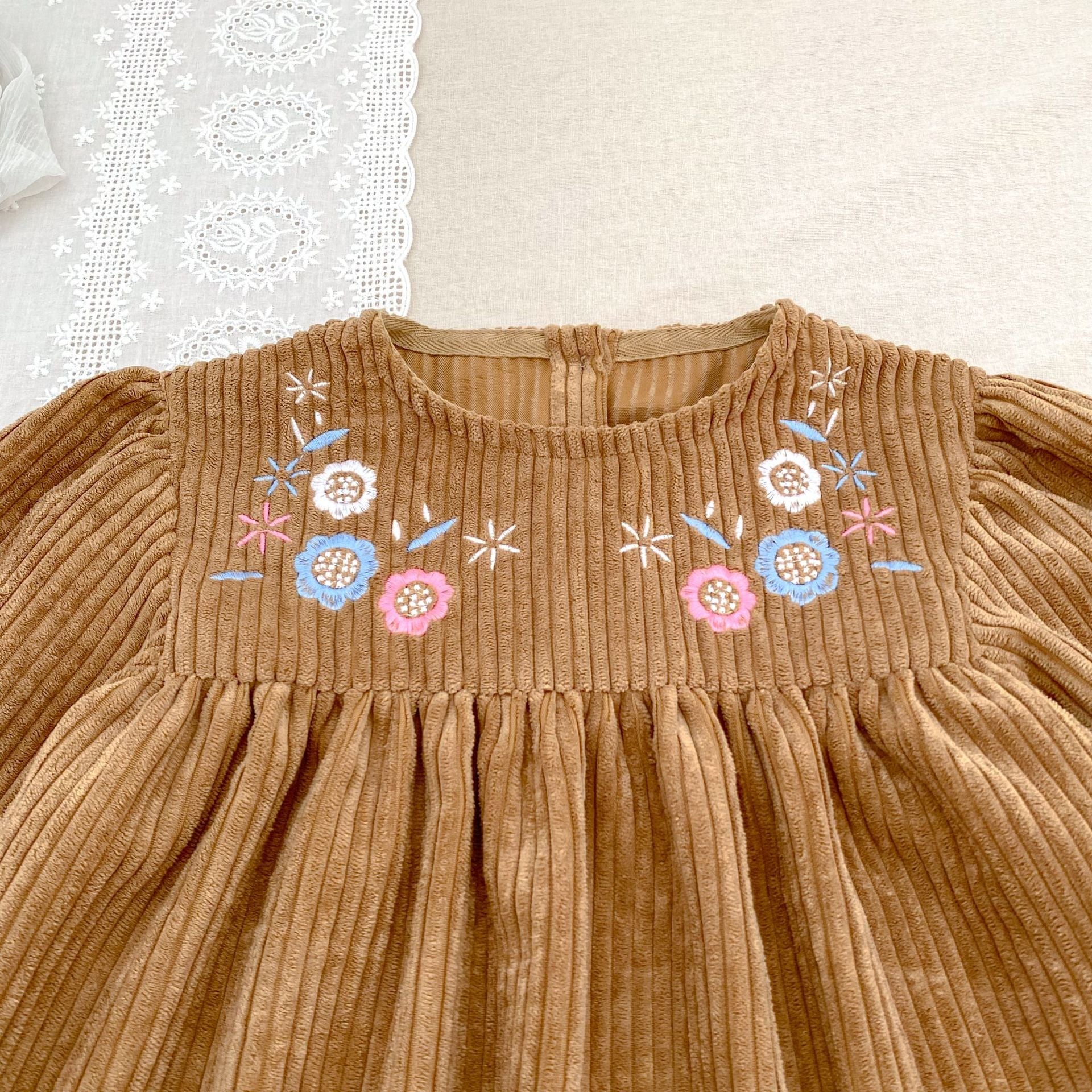 Embroidered baby dress set in brown featuring long sleeves and delicate floral patterns for girls. — view 5