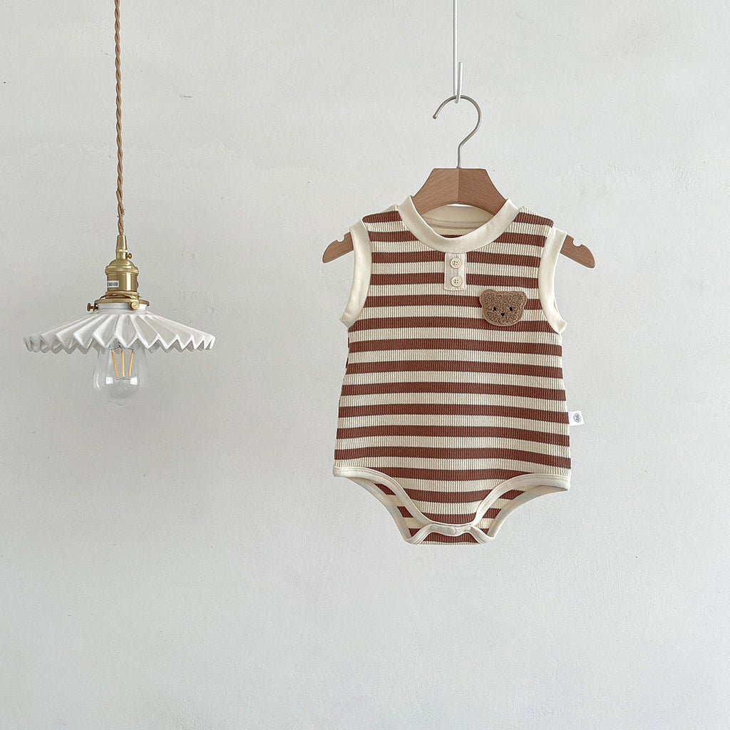 Unisex sleeveless baby bodysuit featuring a striped pattern and teddy bear motif in soft cotton. — view 3
