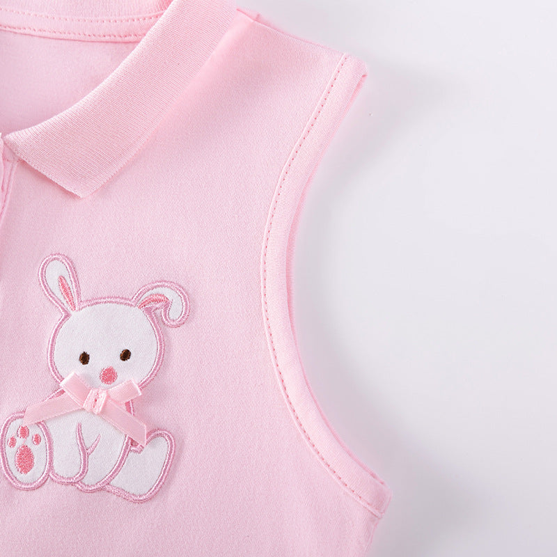 Pink cotton sleeveless girls dress featuring adorable teddy bear embroidery for summer outings — view 5