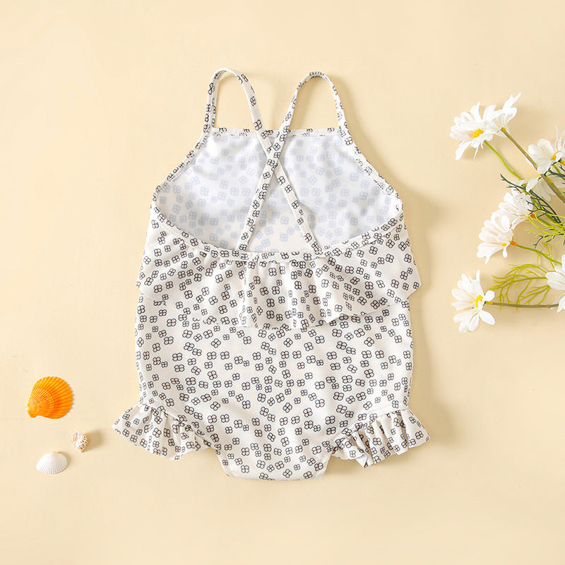 Baby girl floral print sling swimsuit bodysuit with delicate lace detail in earth tones — view 5