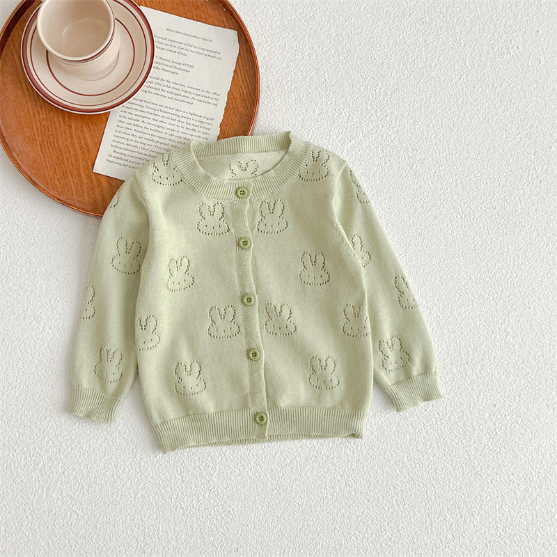 Lightweight solid color cotton knit baby cardigan with long sleeves for gentle summer sun protection — view 5