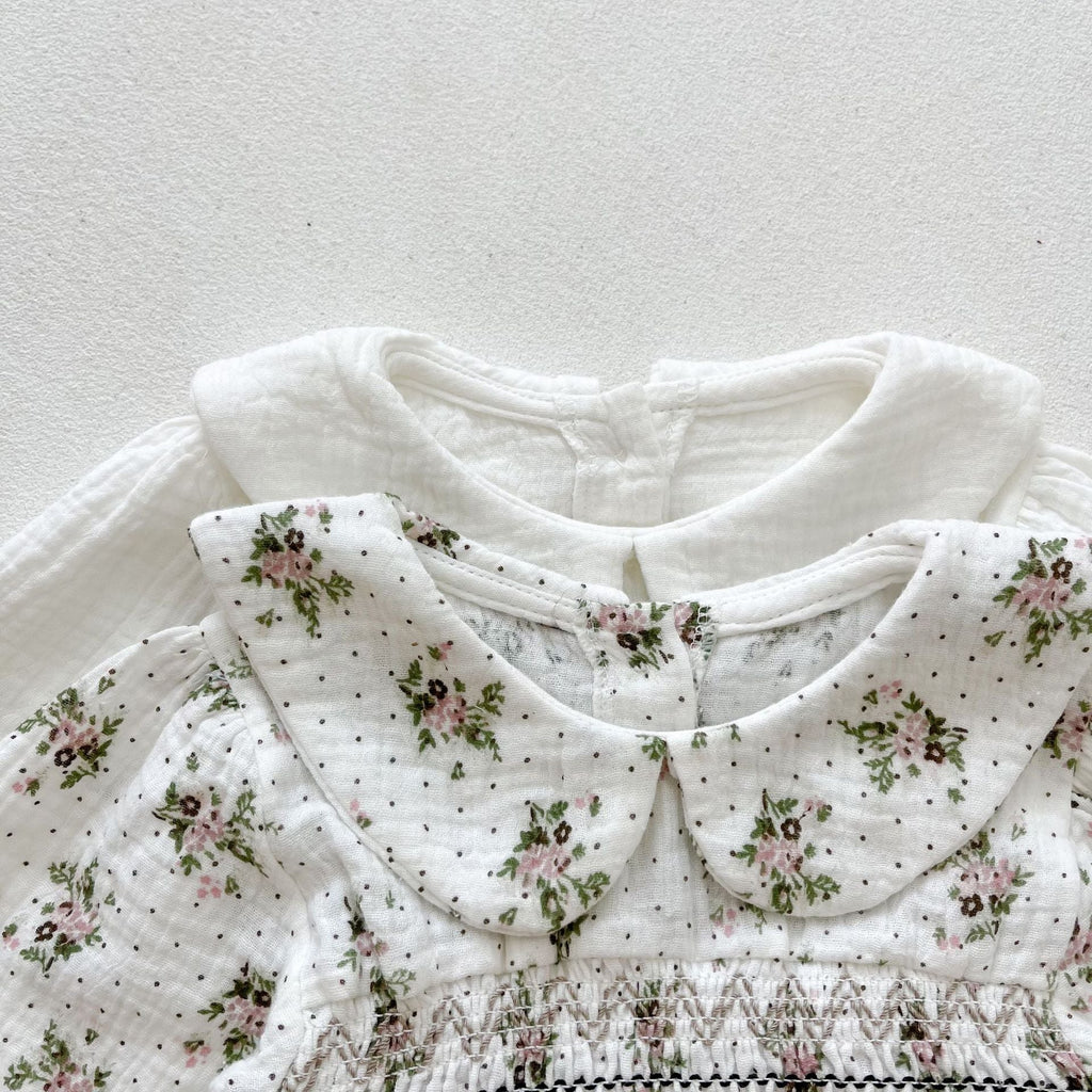 Baby girl floral print long sleeve cotton bodysuit with a vintage doll collar in pink — view 4