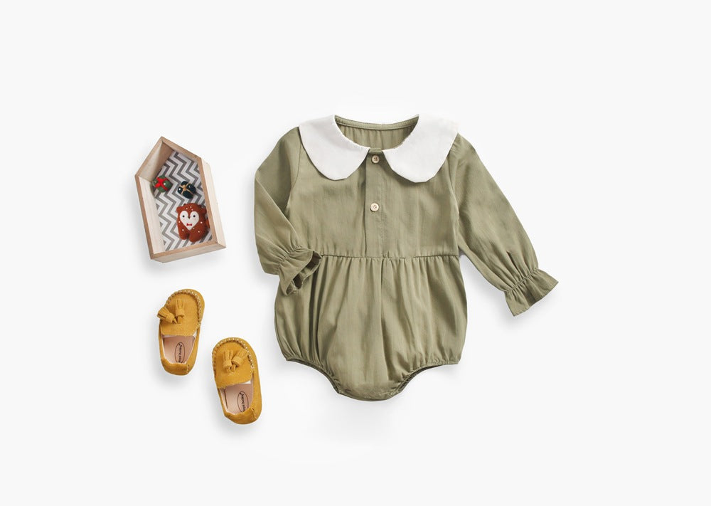 Solid pastel long sleeve baby girl bodysuit with doll collar and buttons in soft cotton — view 5
