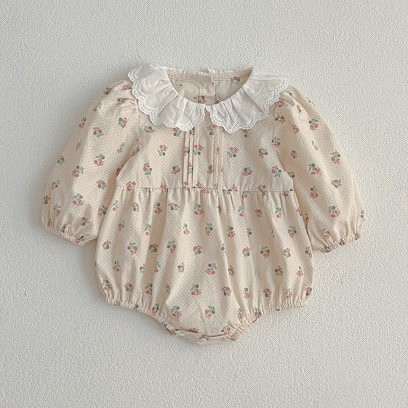 Floral baby doll collar dress set in pink and beige cotton blend for toddler — view 4