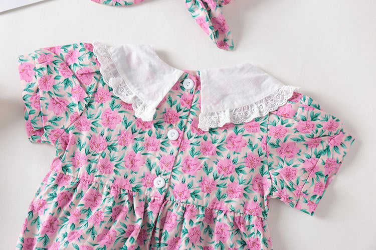 Purple floral print baby girl bodysuit with a delicate lace collar and short sleeves in cotton — view 5