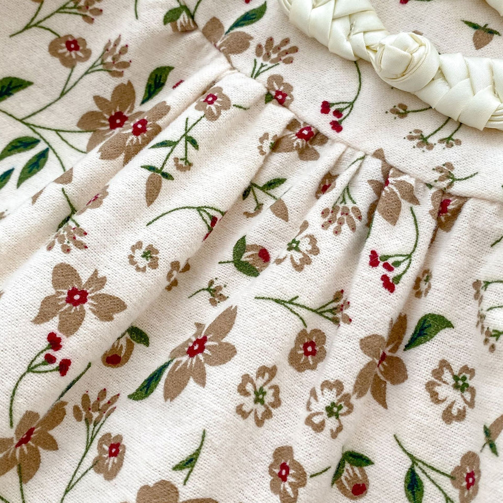 Brown long-sleeve cotton baby bodysuit with vibrant autumn floral pattern and traditional Chinese style details. — view 4