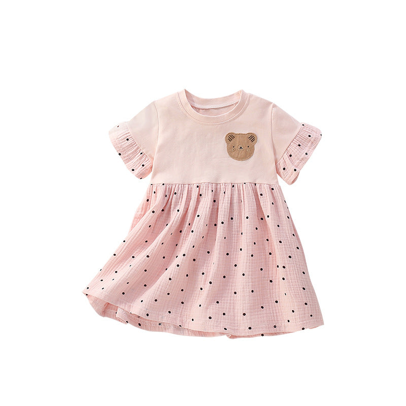 Pink girls summer dress featuring a charming teddy bear and polka dot pattern