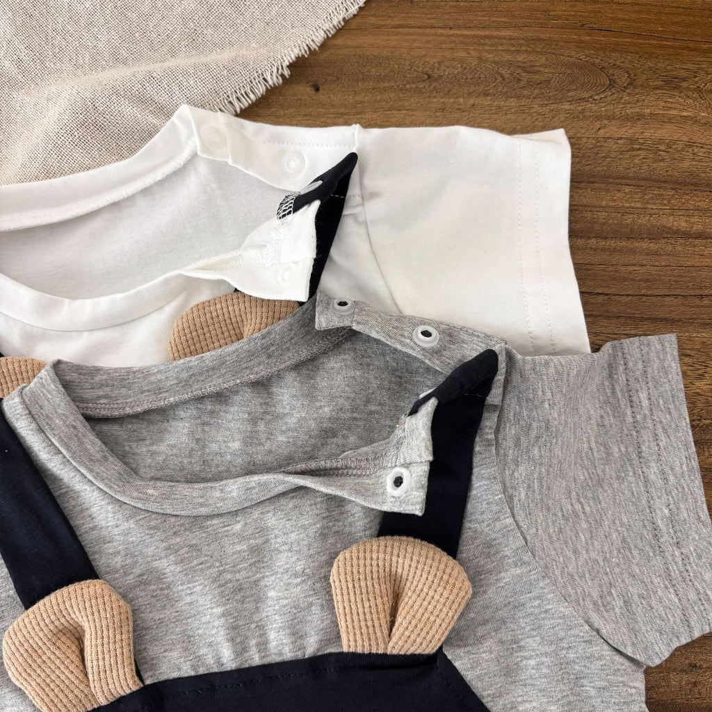 Teddy bear baby boy romper in white and grey patchwork cotton blend with short sleeves — view 5