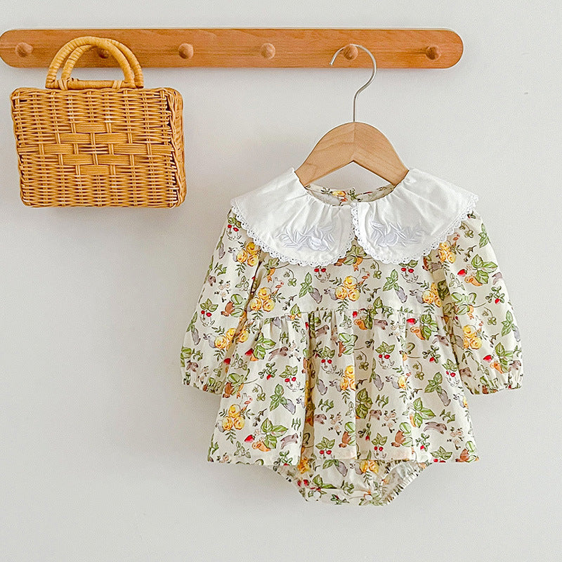 Floral doll neck dress bodysuit in soft cotton, white and yellow long sleeve baby girl outfit — view 5