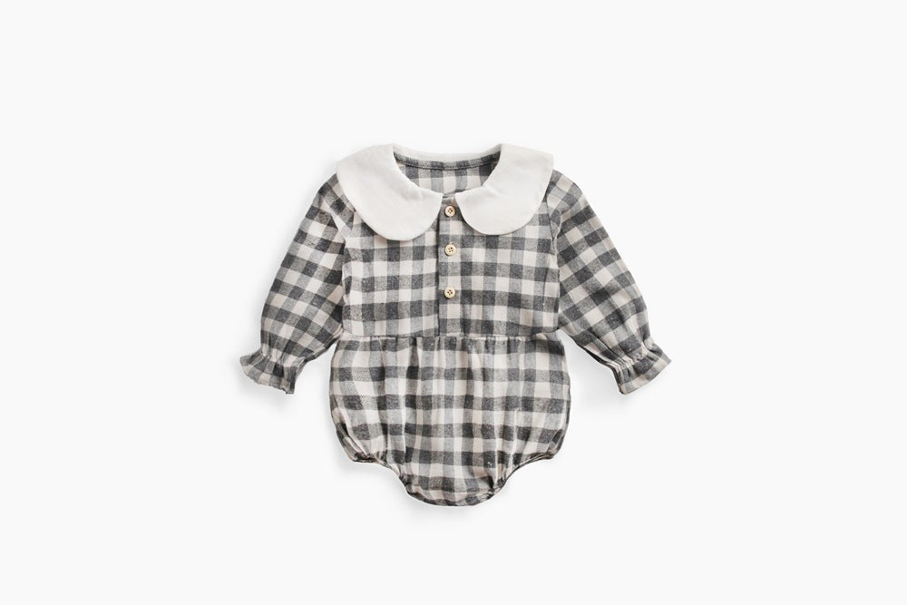 Baby girl long sleeve cotton bodysuit in classic plaid pattern with delicate doll collar. — view 5
