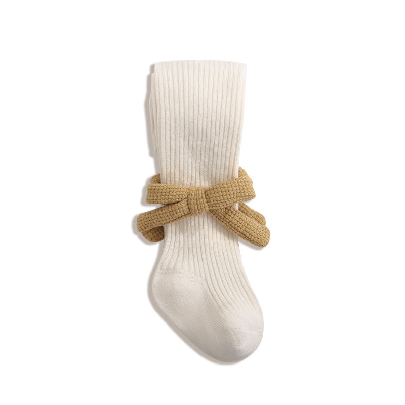 Baby girls knit bow pantyhose in solid color with striped texture and charming side details. — view 5
