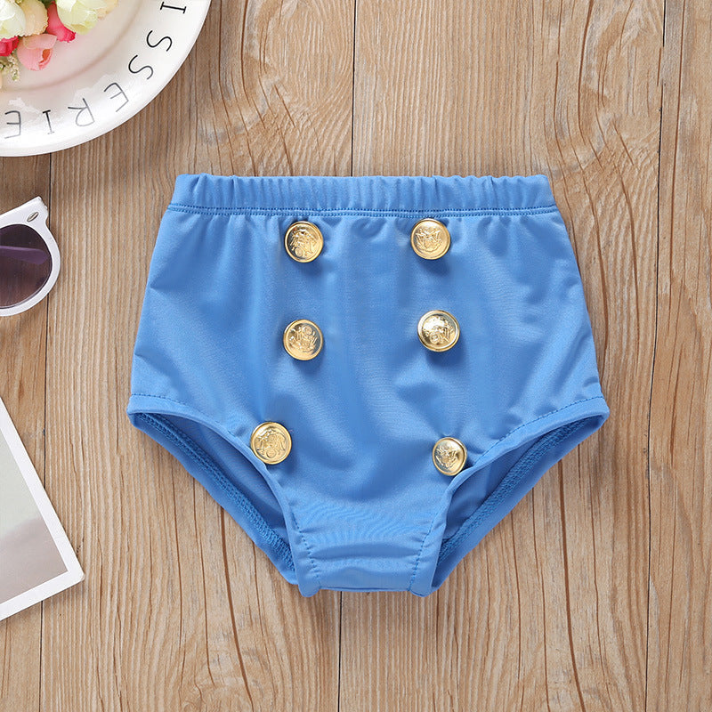 Baby girl striped swimwear set in blue cotton with belted top and matching shorts — view 5