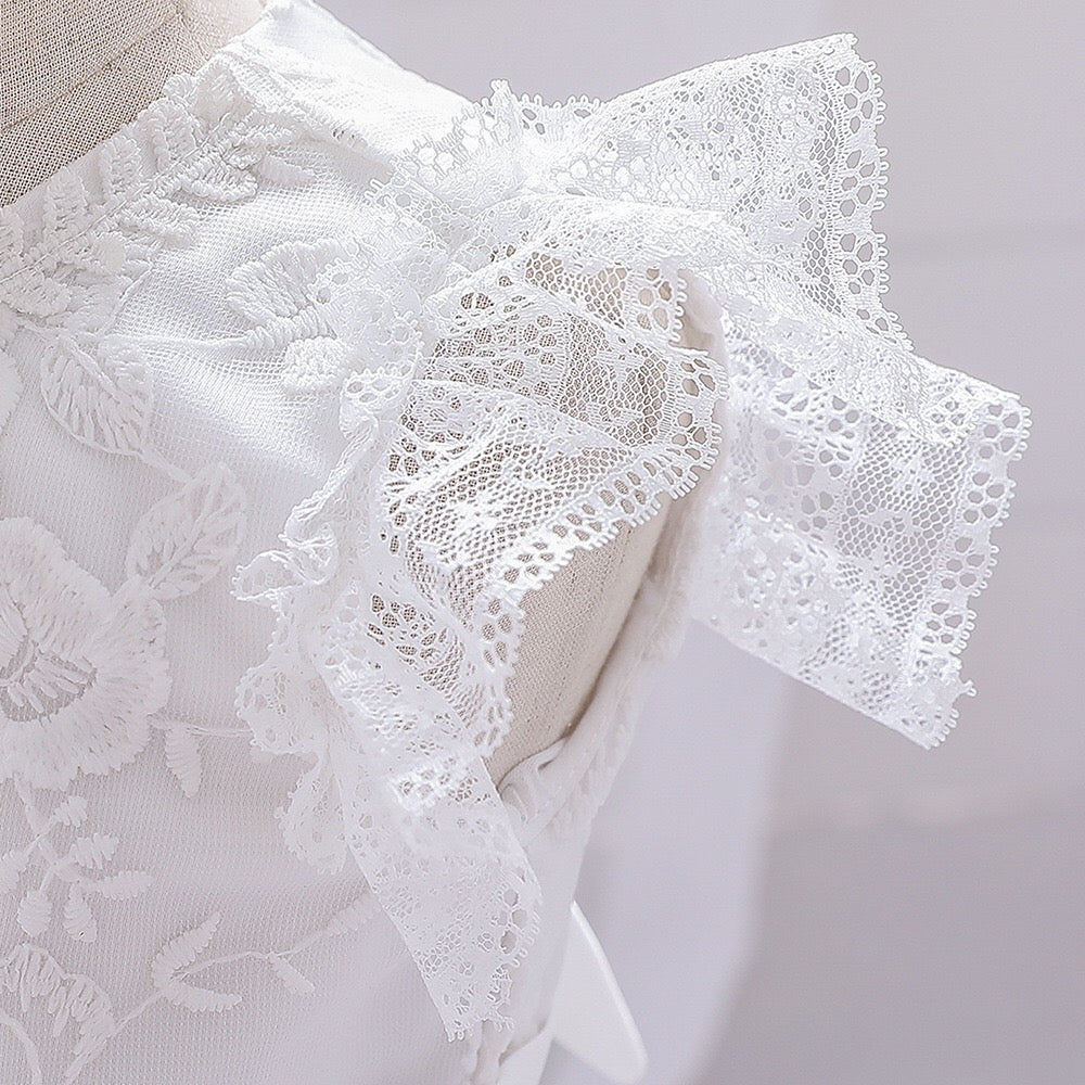 Baby girl formal dress in white or red with mesh overlay and matching hat — view 5