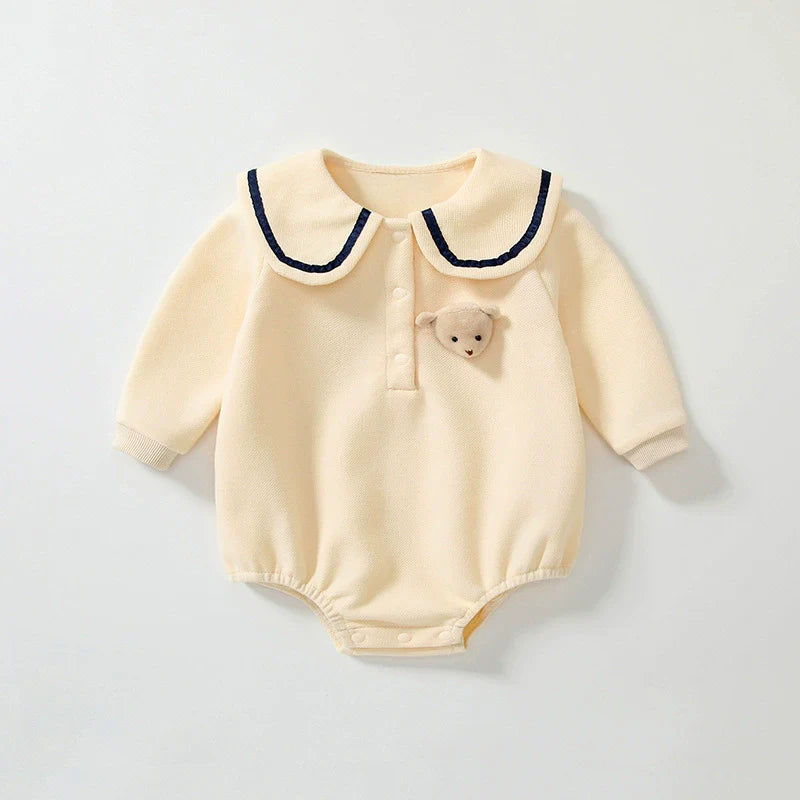 Apricot teddy bear baby bodysuit with classic collar in a soft cotton blend for autumn — view 5
