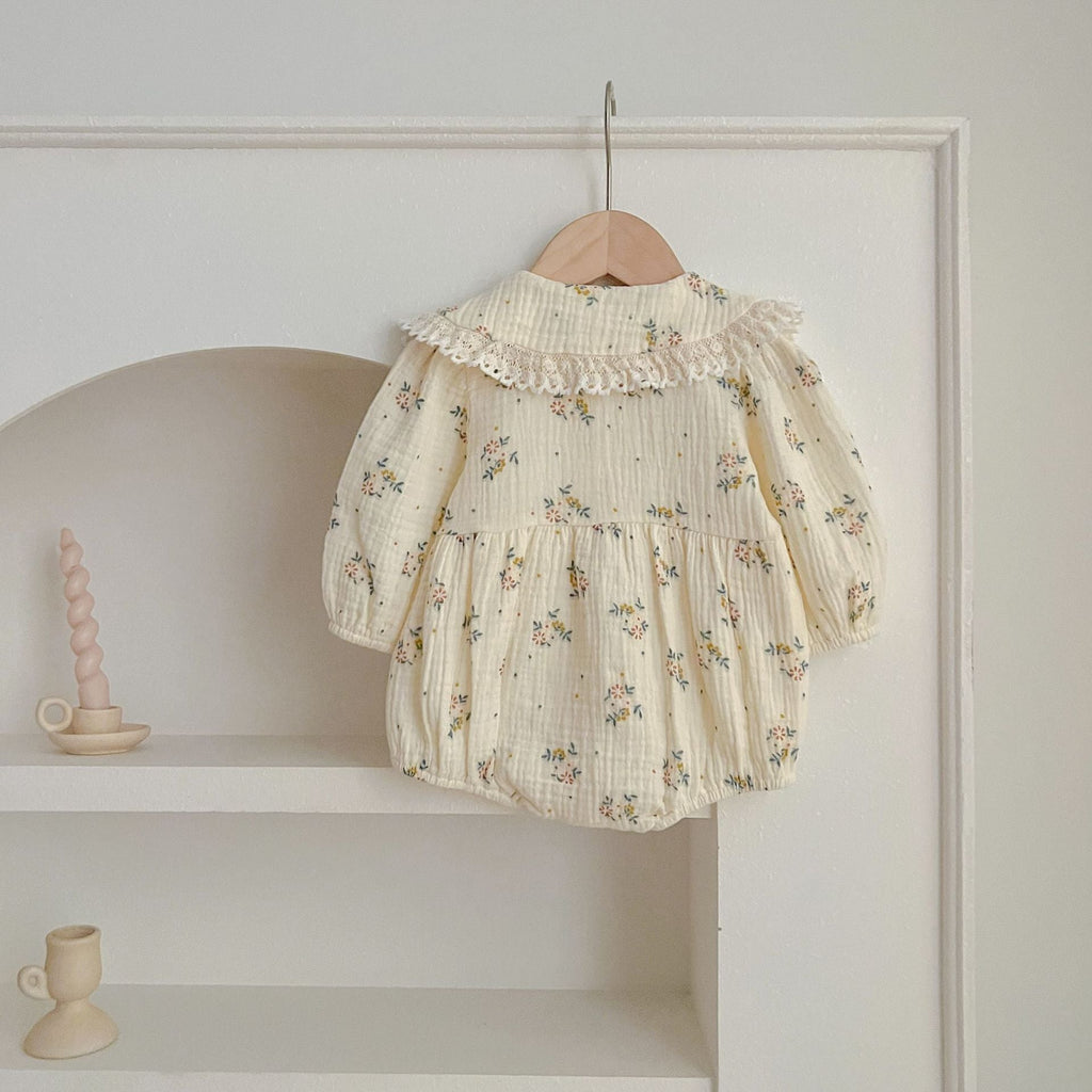Baby girl lace collar bodysuit and floral pattern dress in pink and beige cotton blend — view 5