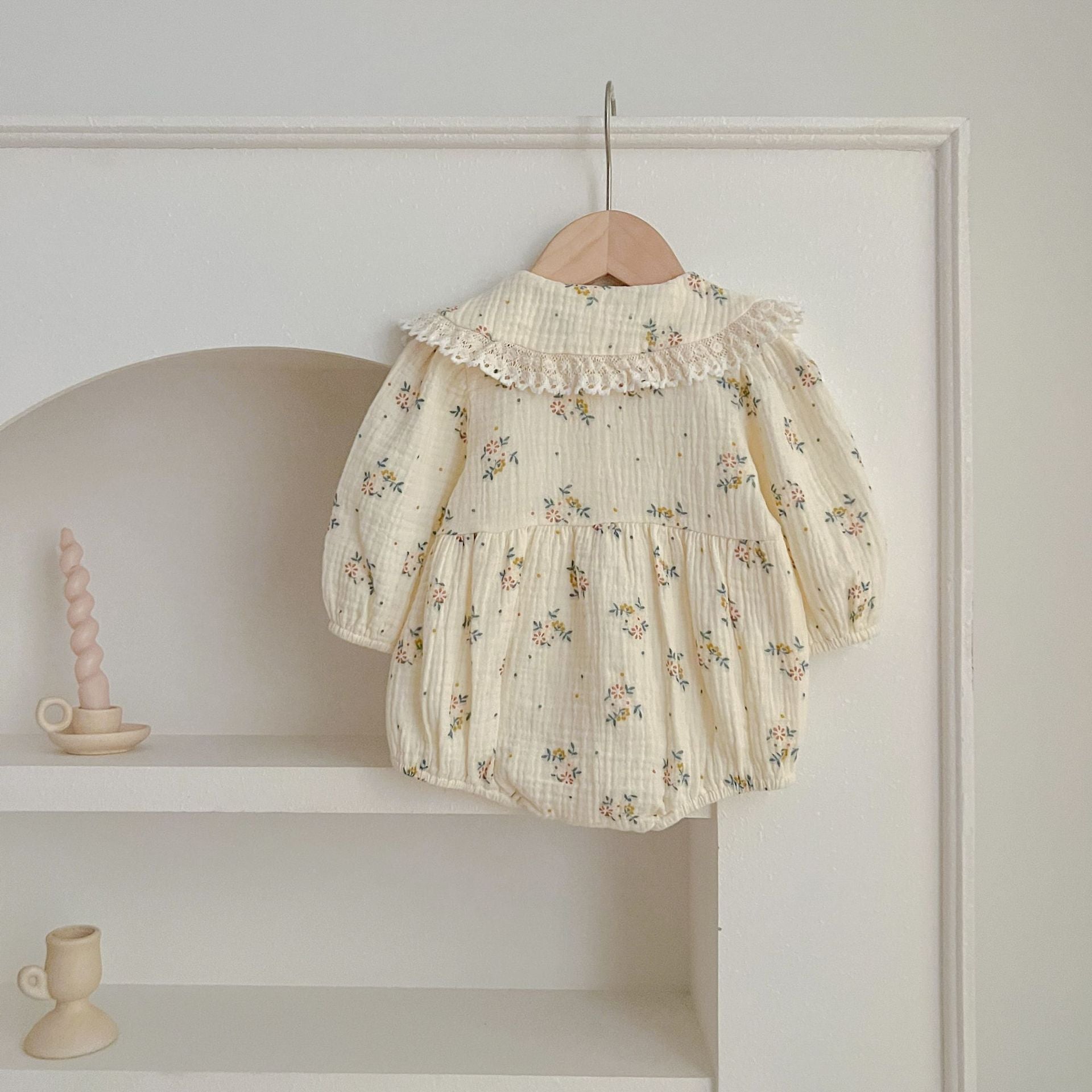 Baby girl lace collar bodysuit and floral pattern dress in pink and beige cotton blend — view 5