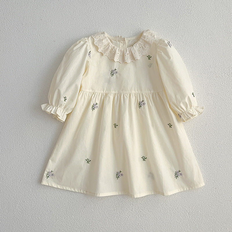 Floral sister matching outfit set with green and beige baby bodysuit and girl's dress — view 2