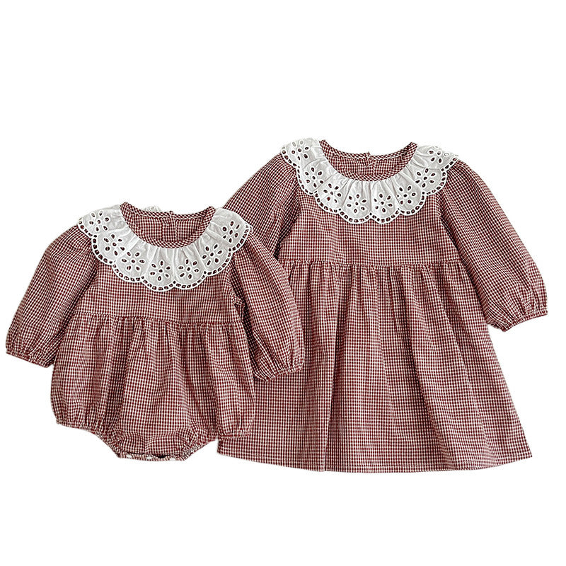 Red and brown plaid long sleeve baby bodysuit dress featuring a white fashion lace collar. — view 5