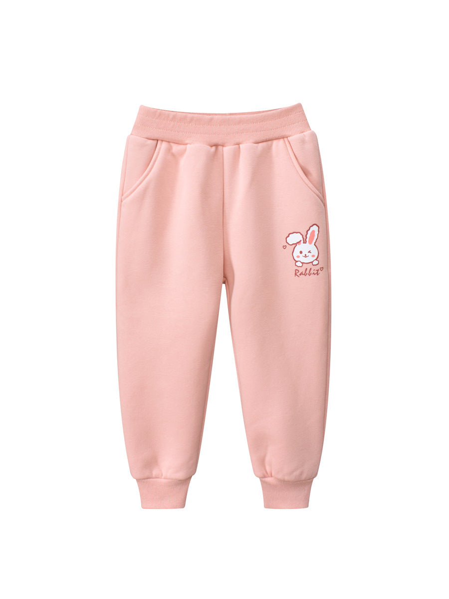 Girls winter fleece leggings in pink featuring cute cartoon rabbit and teddy bear print designs — view 5
