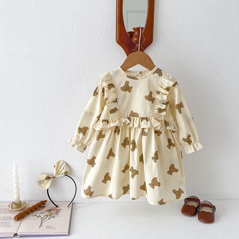 Autumn sister matching set featuring cotton teddy bear bodysuit and dress in beige and apricot tones — view 4