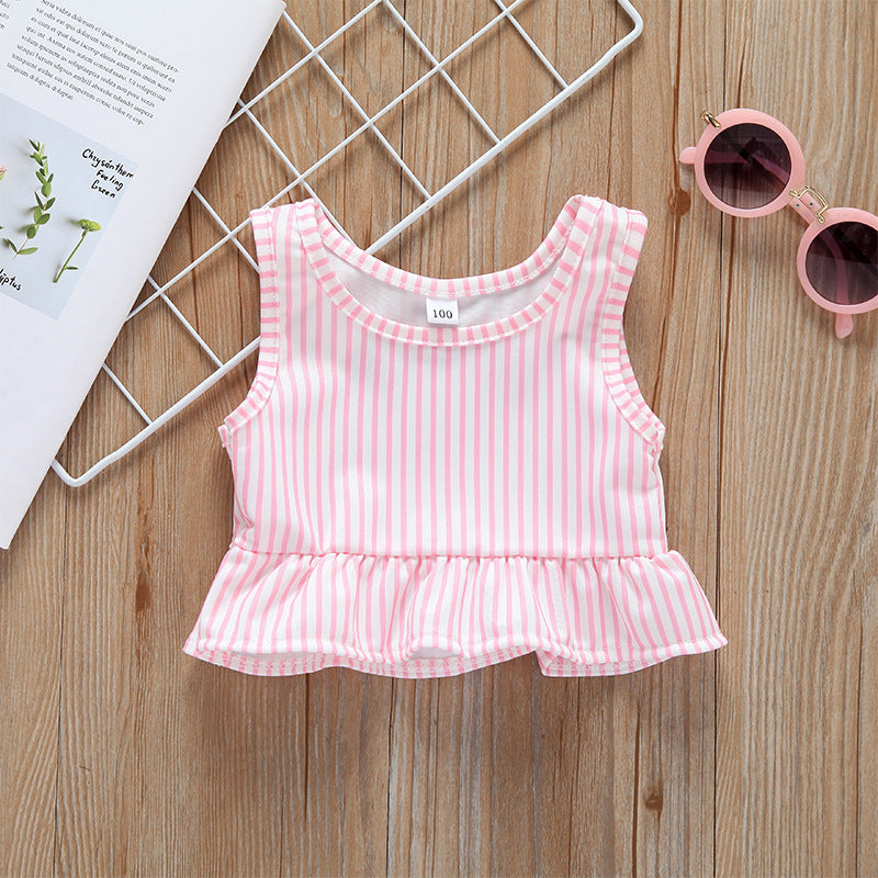 Baby girl striped ruffle one piece swimsuit with matching shorts combo in pink or blue — view 5