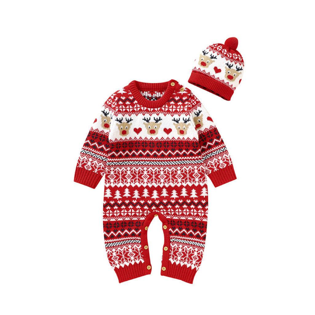 Red cotton baby Christmas pattern newborn romper with festive animal and geometric designs — view 5