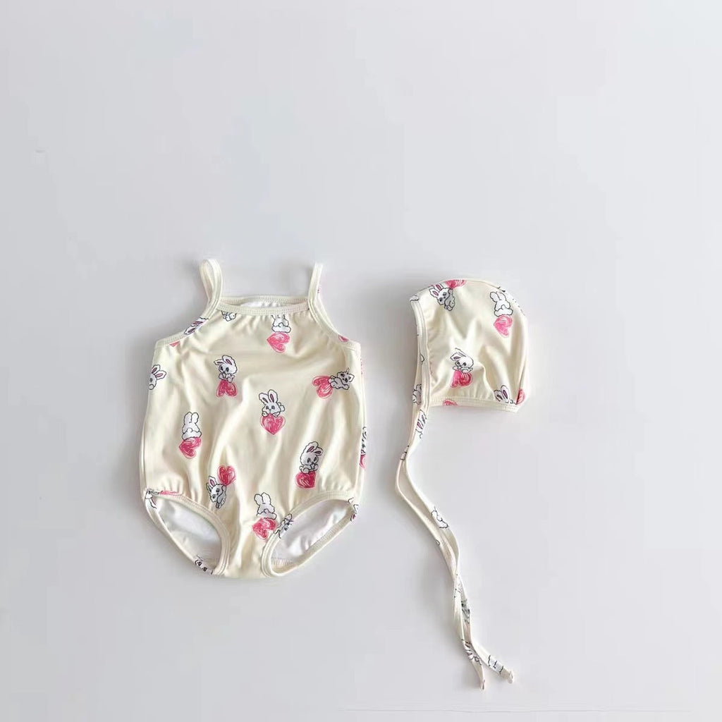 Girls hearts and cartoon swimwear set in white and apricot with matching quick dry sun hat — view 2