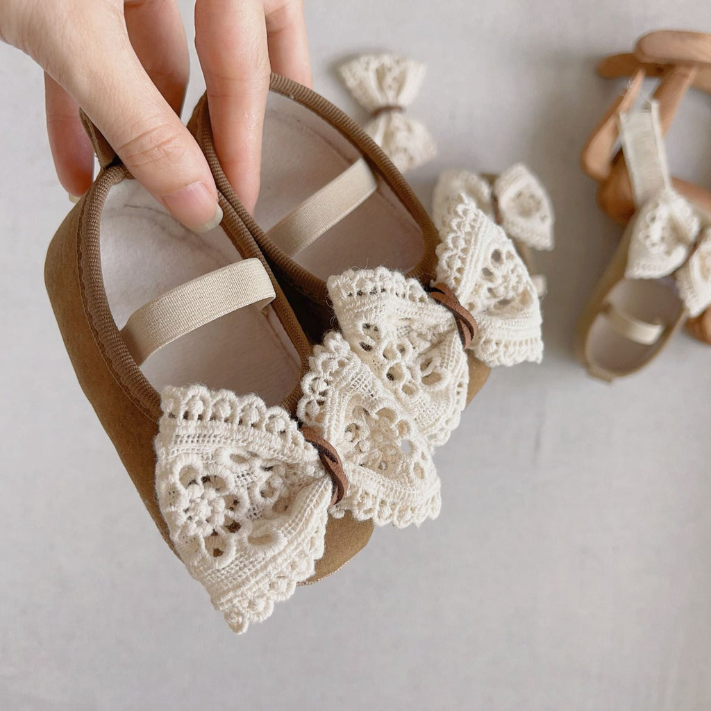 Beige and coffee baby girl toddler walking shoes with a sweet bow and hollow-out design — view 4