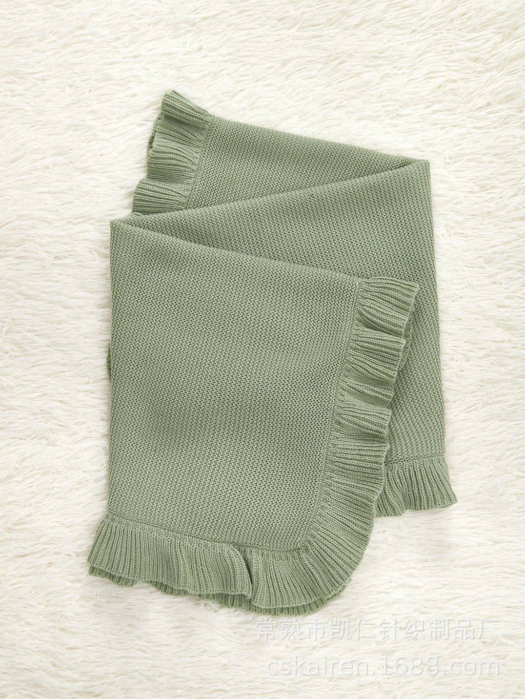 Solid color pure cotton knitted baby blanket featuring an elegant ruffle trim for stylish nursery decor — view 4