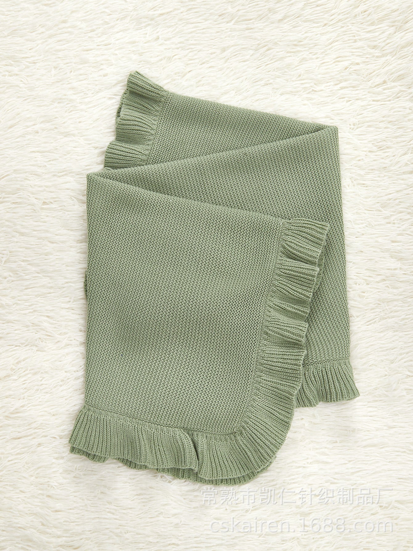 Solid color pure cotton knitted baby blanket featuring an elegant ruffle trim for stylish nursery decor — view 4
