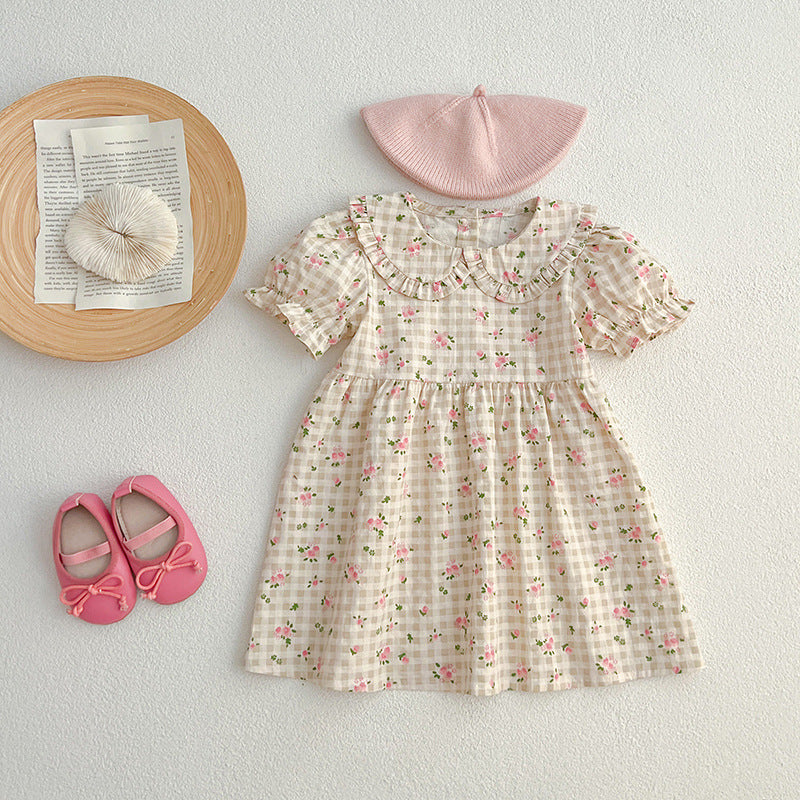Summer Baby Kids Girls Floral Plaid bodysuit And Girls’ Dress – Princess Sister Matching Set