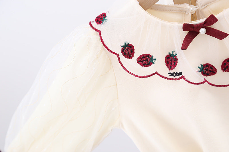 Baby girl apricot cotton shirt with strawberry embroidery, puff sleeves, and front bow patch — view 5
