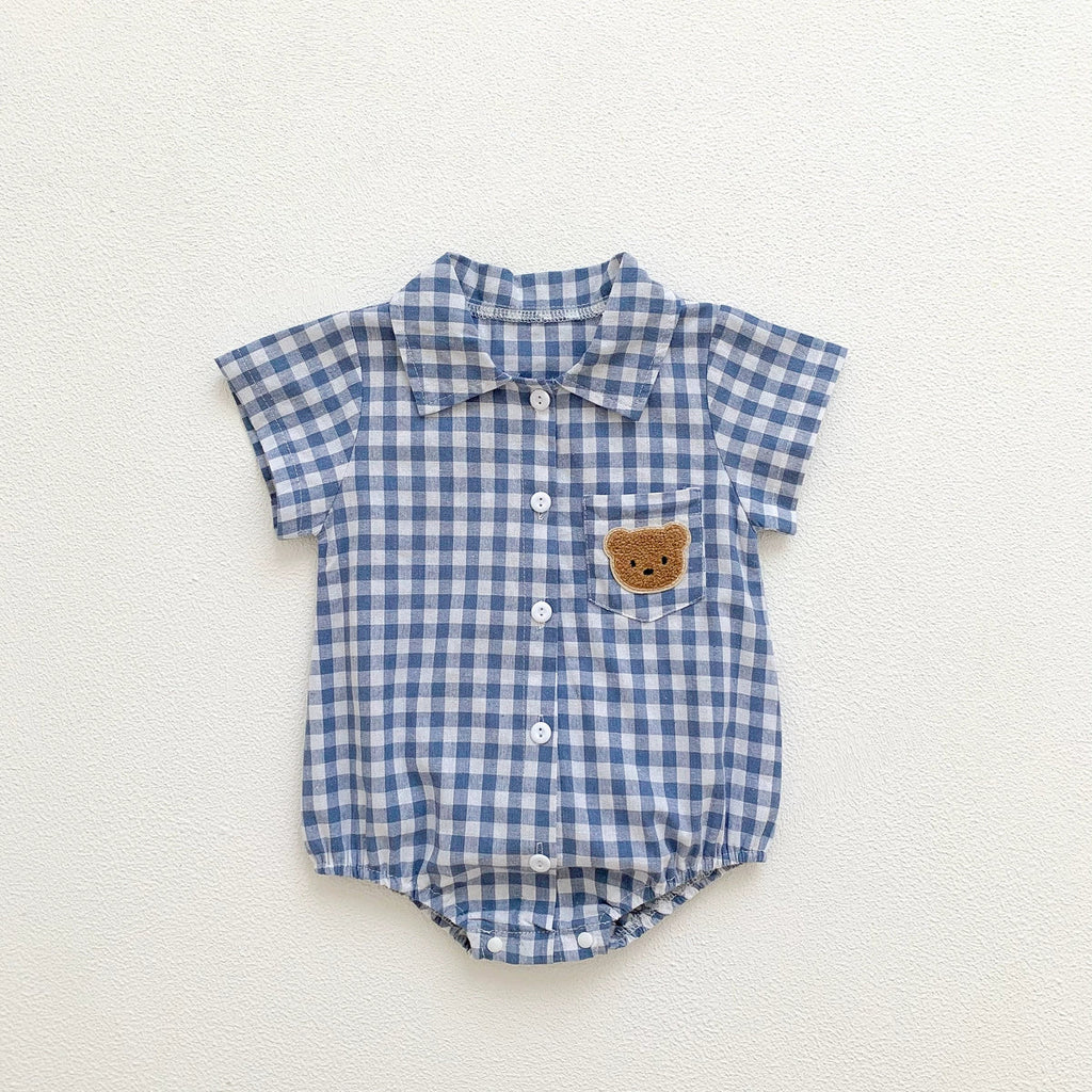 Baby boy plaid and teddy bear short sleeve cotton bodysuit with turn-down collar — view 4