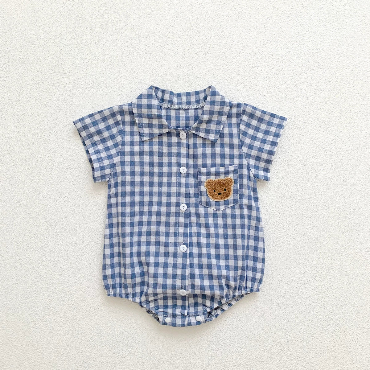 Baby boy plaid and teddy bear short sleeve cotton bodysuit with turn-down collar — view 4