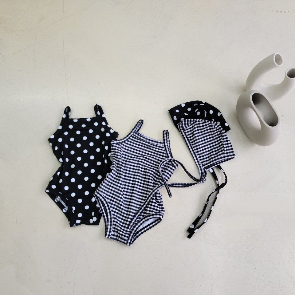 Girls two-piece plaid and floral swimwear set with matching sun hat for babies and toddlers — view 2