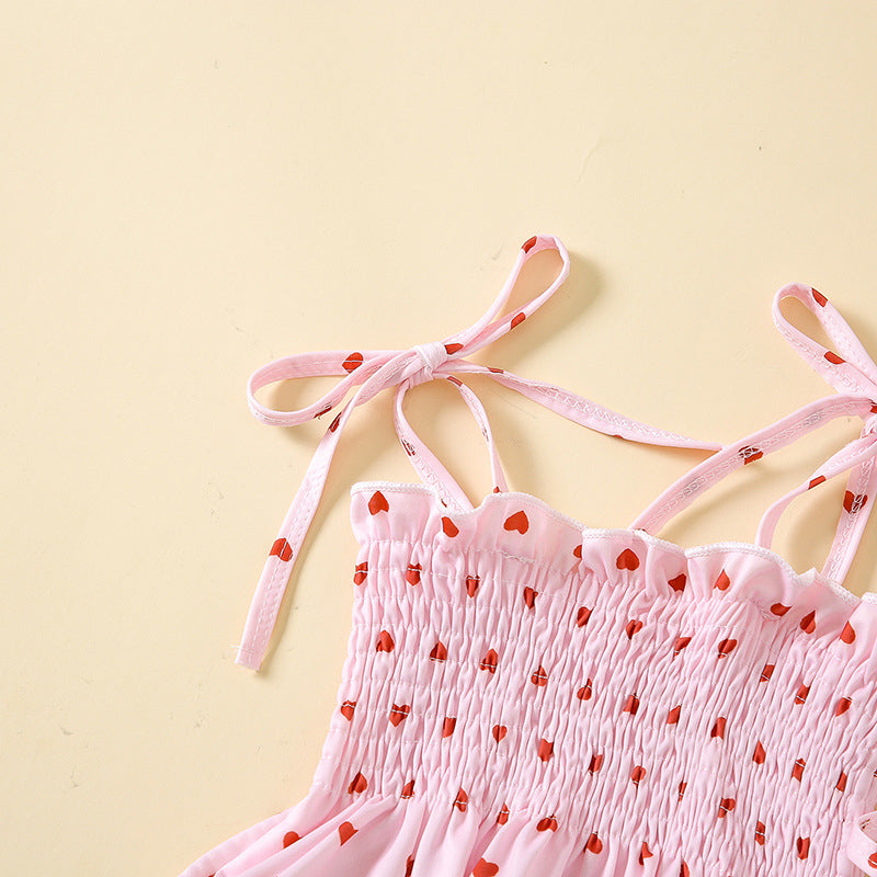Girls heart pattern swimwear set in bright pink featuring a comfortable quick-drying two-piece toddler swimsuit — view 5