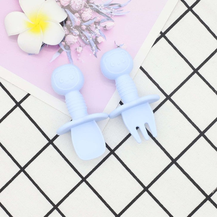 Colorful baby bear silicone spoon and fork training set designed for infant and toddler self-feeding — view 2